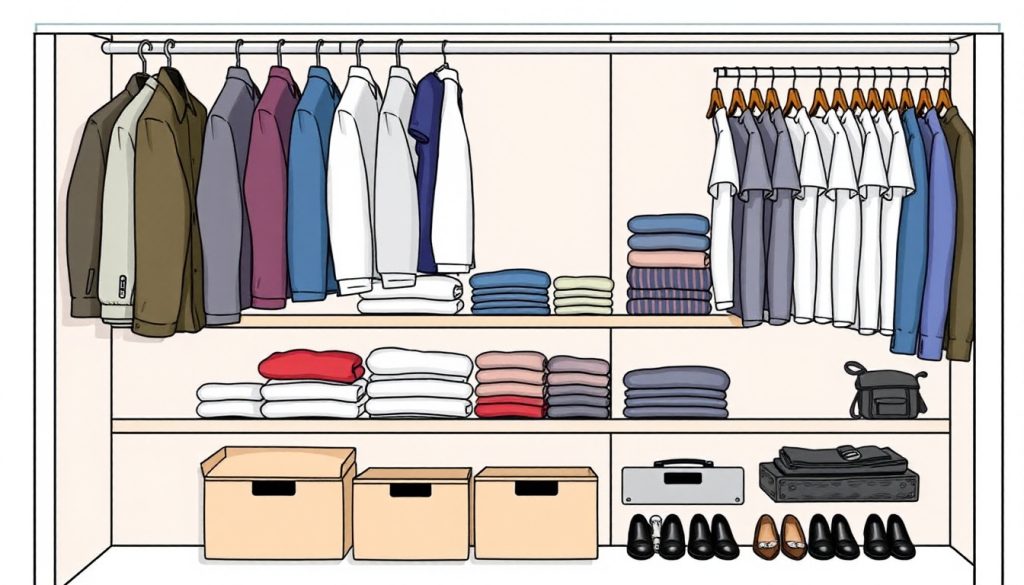 クローゼットの整理例。上段にハンガーでジャケットやシャツを吊るし、中段に棚でTシャツやセーターを畳んで並べ、下段に箱で靴や小物を収納しています